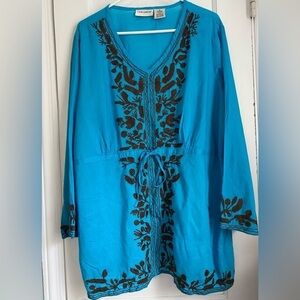 Veranéis Boho Embroidered V-Neck Long Sleeves Turquoise Pullover Tunic Size: 2X